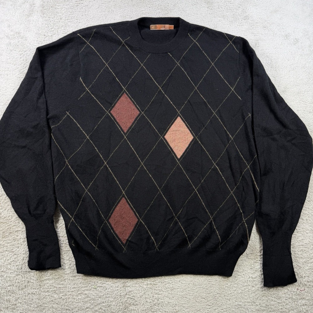 Raffi Sweater Mens XL Black Argyle 100% Cashmere Crewneck Pullover Soft